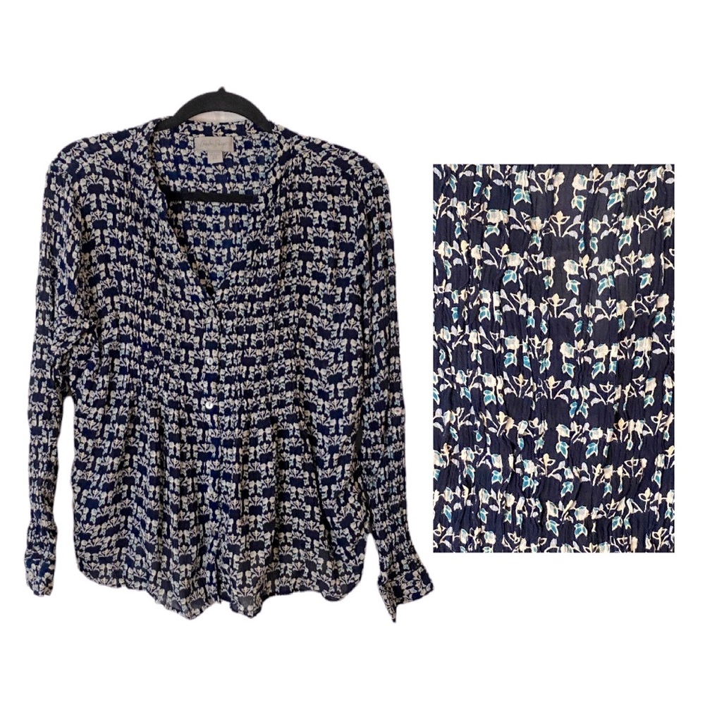 Charlie Paige Navy Blue Green Floral Button Down Long Sleeve Top
